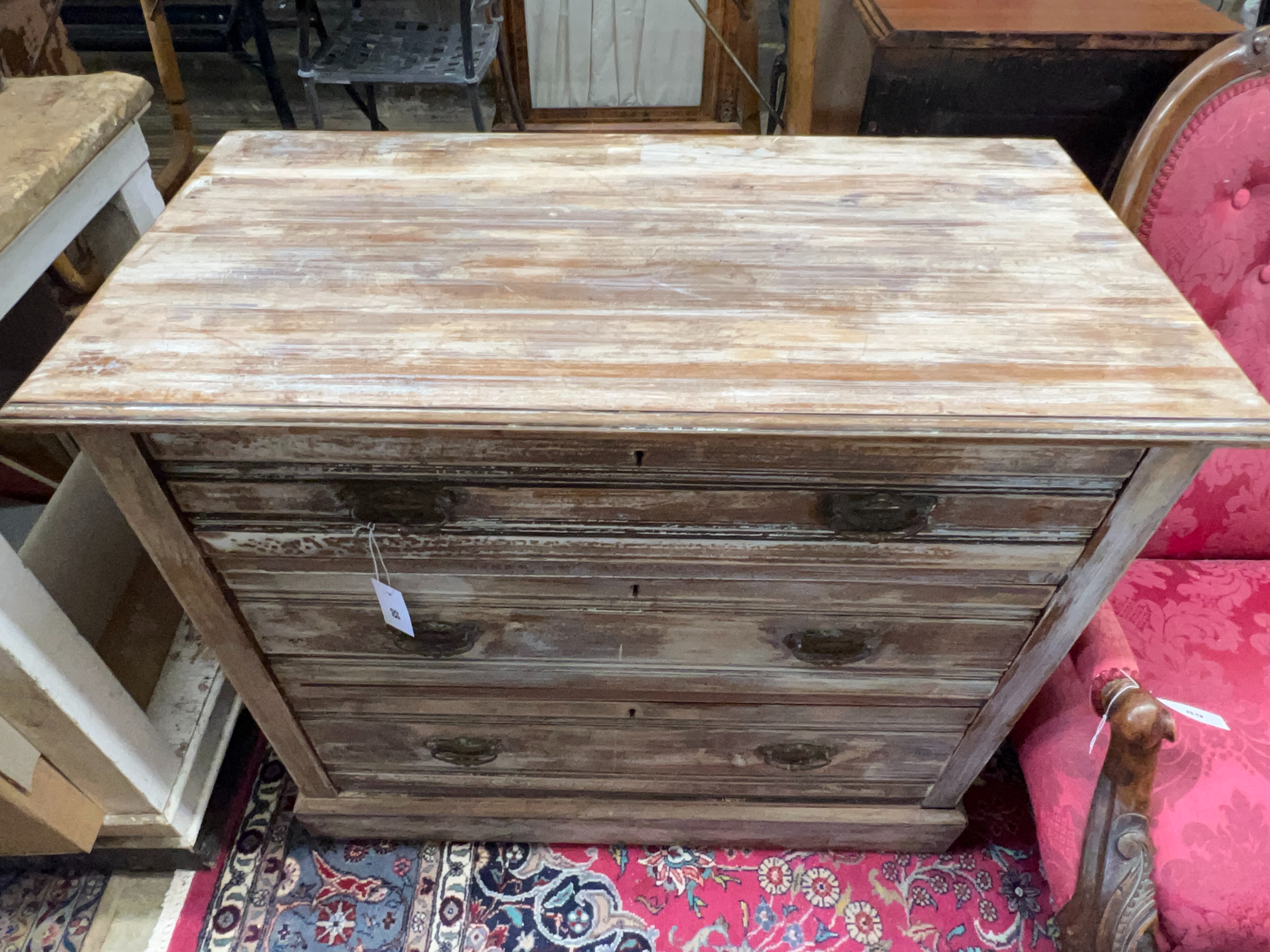 An Edwardian bleached three drawer chest, width 91cm, depth 46cm, height 81cm